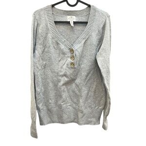 St. John's Bay M Gray V-Neck Sweater with Knit cuffs Button details pullover